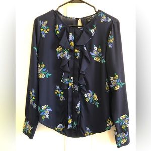 Ann Taylor navy & floral silk chiffon, ruffled blouse, XS